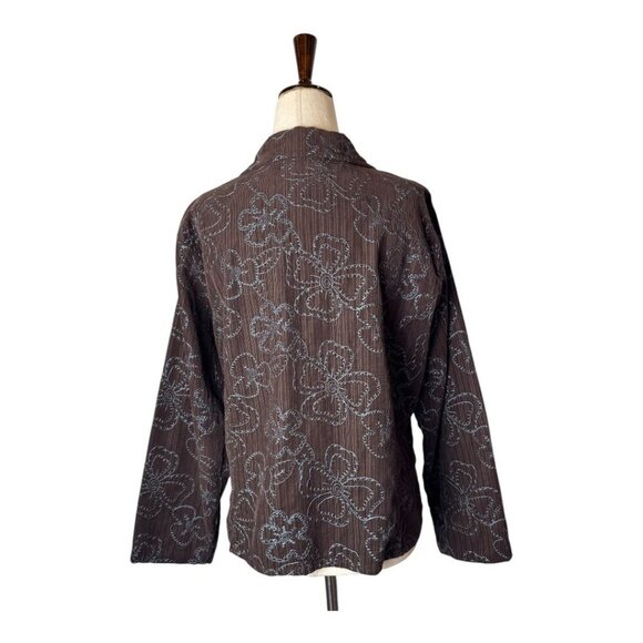 Flax Blazer Women Small Brown Blue Floral Embroidery Corduroy Chore Coat - Picture 2 of 11